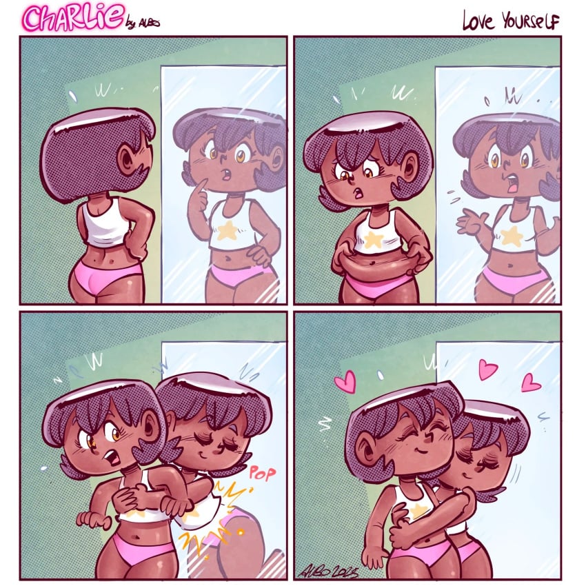 albo charlie_(albo) dark-skinned_female dark_skin heart heart_symbol nude nude_female reflection selfcest yuri