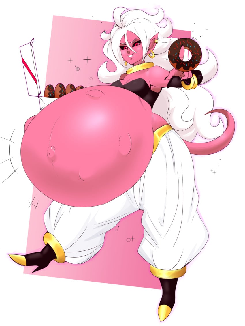 android_21 belly big_belly breasts donut dragon_ball dragon_ball_z dwps female food huge_belly hyper_pregnancy majin_android_21 navel pink_skin pregnancy_cravings pregnant white_hair