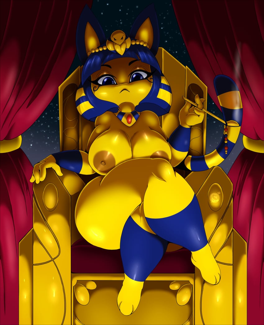 animal_crossing ankha anthro areolae ass big_breasts blue_eyes blue_hair breasts chair crossed_legs domestic_cat egyptian felid feline felis female furniture hair hi_res huge_areolae large_breasts looking_at_viewer mammal nintendo nipples no_nose nude_female shortstack smoking_pipe solo suirano thick_thighs throne two_tone_hair video_games voluptuous yellow_skin