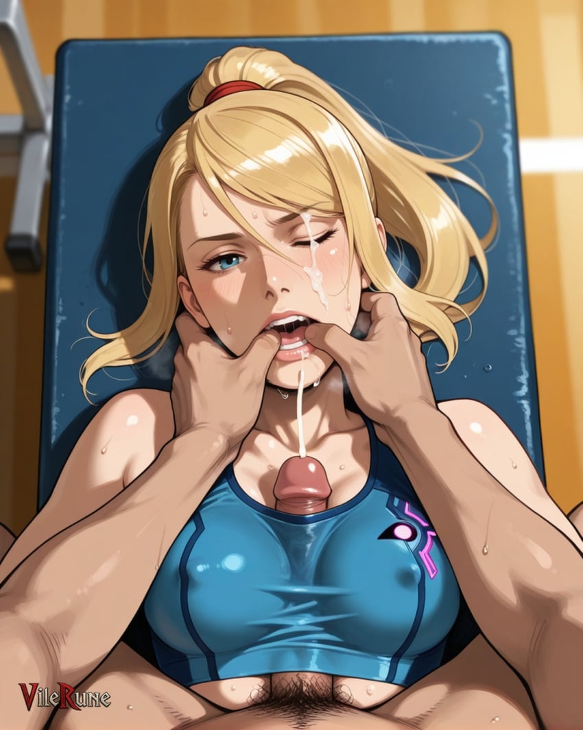 1girl ai_generated blonde_hair clothed_female_nude_male cum_on_eye cumshot facial finger_in_mouth from_above gym gym_bench looking_at_viewer male_pubic_hair medium_breasts metroid nintendo on_back one_eye_closed paizuri_under_clothes penis ponytail pov pov_hands samus_aran sports_bra straddling_paizuri sweat upper_body