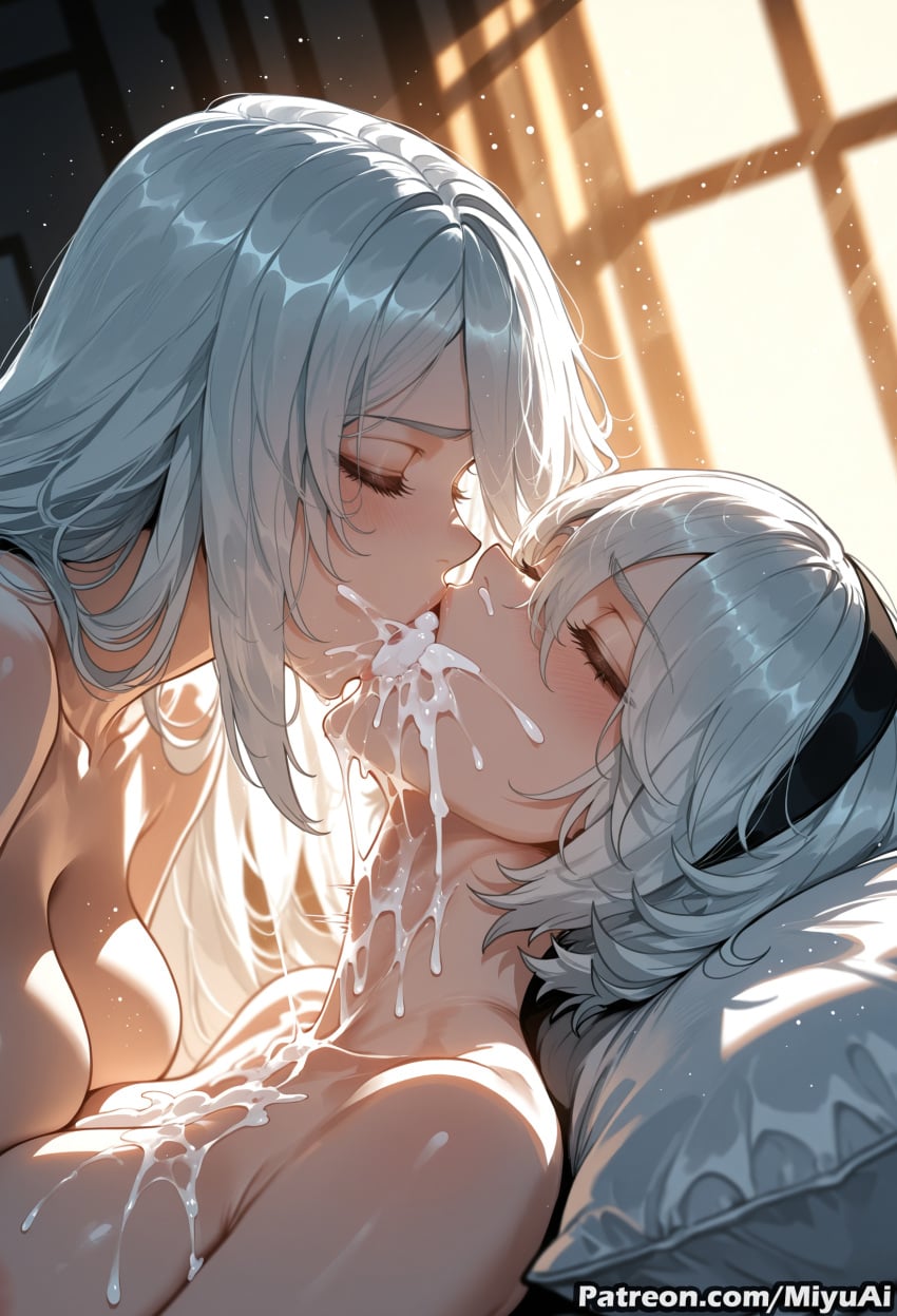 2b_(nier:automata) 2girls ai_assisted ai_generated black_hairband blush breast_press breasts closed_eyes cum cum_in_mouth cum_on_body cum_on_breasts cum_on_upper_body curvaceous curvy curvy_female curvy_figure facial female hairband kiss large_breasts miyuai mole multiple_girls nier nier:automata nier_(series) nude short_hair silver_hair thick thick_ass thick_butt thick_hips thick_legs thick_thighs voluptuous voluptuous_female wide_hips wide_thighs yorha_2b yorha_a2 yorha_no._2_type_b