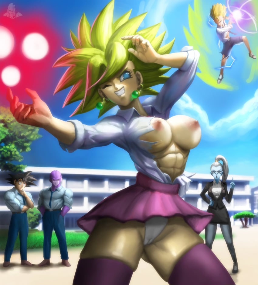 2girls 3boys abs angel angel_(dragon_ball) areolae big_breasts black_hair blue_eyes blue_skin breasts cabba cameltoe dragon_ball dragon_ball_super elitenappa energy_ball female female_saiyan green_hair hit_(dragon_ball) kefla legendary_super_saiyan male male_saiyan muscular_female muscular_male nipples no_bra office_lady potara_earrings saiyan school school_uniform schoolgirl skindentation skirt son_goku super_saiyan super_saiyan_2 underwear universe_6 universe_6/universe_7 vados white_hair