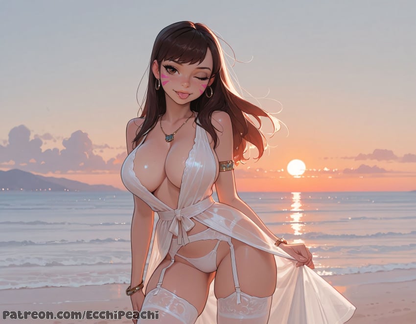 1girl 1girls ai_generated bangs beach beach_background blush boobs breasts breasts, brown_eyes brown_hair camel_toe cameltoe cleavage clothed clothed_female curvy d.va ecchipeachi female female_focus female_only focus fringe fully_clothed large_breasts long_hair nipples nipples_covered nipples_visible_through_clothing overwatch overwatch_2 palm_tree pussy sand sea seaside sfw solo solo_female solo_focus sunset sweat teeth tight_clothes tight_clothing tropical uncensored waves