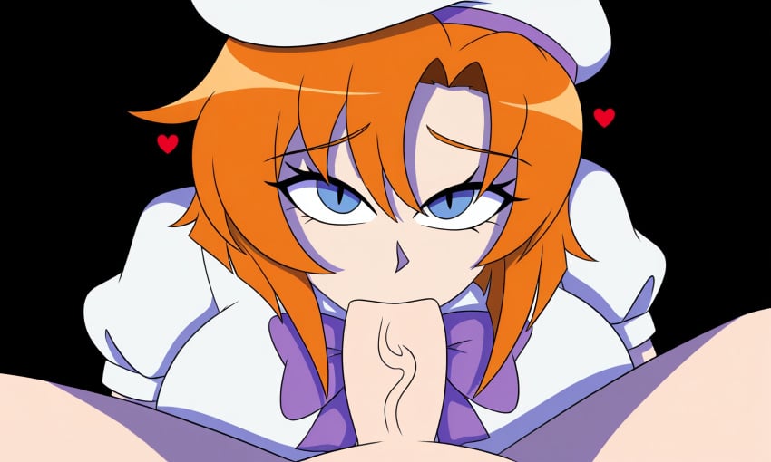 07th_expansion 1boy 1boy1girl 1girl1boy 1girls beret big_boobs big_breasts big_tits black_background blowjob blue_eyes bow cel_shading cfnm clothed_female_nude_male dark_background erection fellatio front_view half-dressed heart higurashi_no_naku_koro_ni huge_boobs huge_breasts huge_tits light-skinned_female light-skinned_male light_skin looking_at_viewer naked_male nude_male oral orange_hair penis_in_pussy pov purple_bow rena_ryuuguu ryuuguu_rena shadow sucking sucking_dick sucking_penis veins white_beret white_dress white_shirt