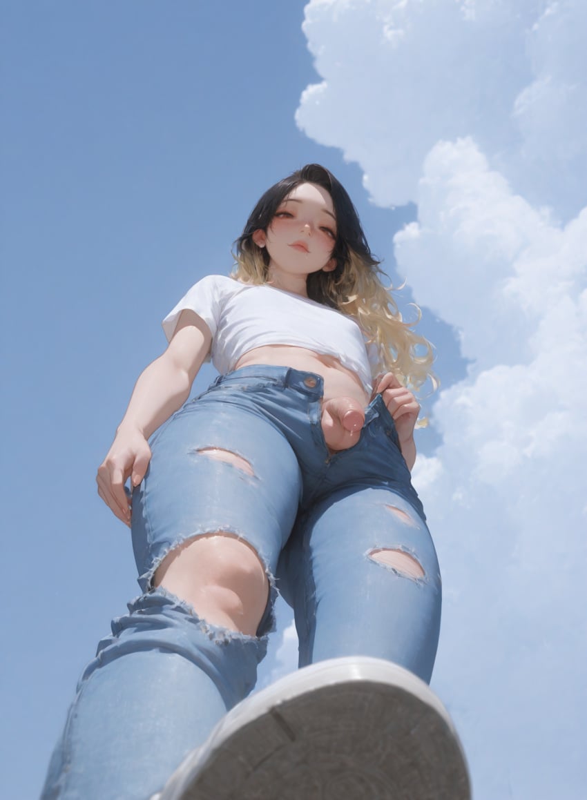 1femboy ai_generated black_hair blonde_hair blush crop_top denim femboy feminine_male flat_chest hannai highlights jeans long_hair looking_down_at_viewer male otoko_no_ko pants_open penis precum precum_drip sneakers solo solo_femboy stepping_on_viewer testicles trap white_shirt