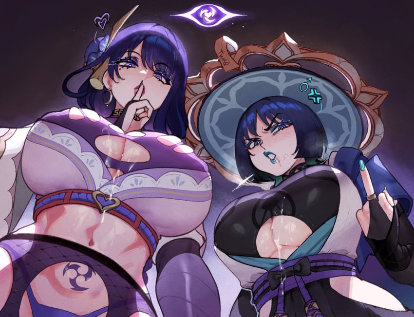 1boy 1girls after_paizuri after_sex after_titfuck anger_symbol blood blood_from_mouth blue_eyes blush breasts breasts_bigger_than_head busty_boy cleavage_cutout clenched_teeth cum cum_on_breasts femboy feminized_male flipping_off genderswap_(mtf) genshin_impact hair_ornament hat heart huge_breasts large_breasts lipstick looking looking_at_viewer looking_down looking_down_at_viewer makeup male_symbol mars_symbol middle_finger midriff navel panties pubic_hair_on_face pubic_tattoo purple_eyes purple_hair raiden_shogun revealing_clothes ripped_clothing rule_63 scaramouche_(genshin_impact) seductive seductive_look shushing skindentation slutty_dress slutty_female tattoo thiccwithaq thong underboob wanderer_(genshin_impact) womb_tattoo
