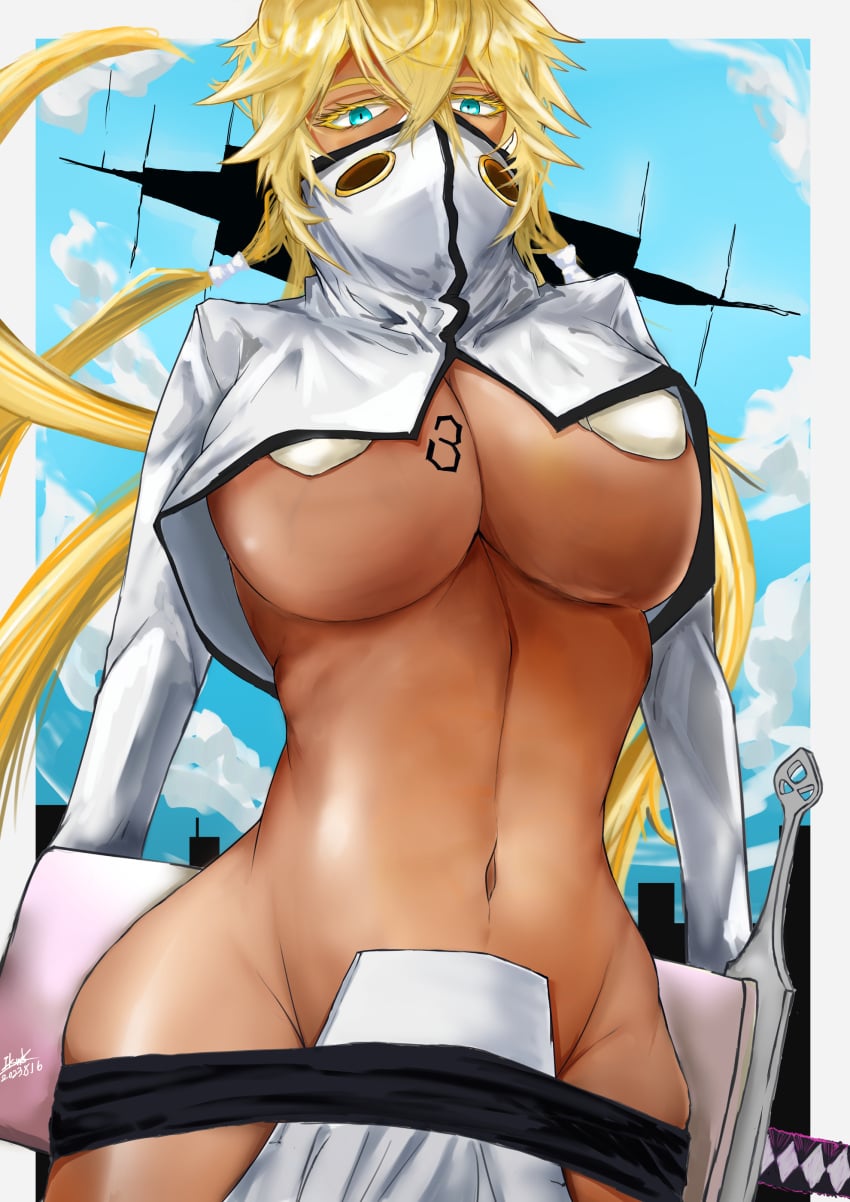 1girls big_breasts big_thighs bleach blonde_hair blue_eyes breast_tattoo breasts busty cleavage curvy dark-skinned_male dark_skin eyebrows eyebrows_visible_through_hair eyelashes female female_focus female_only hair_between_eyes huge_breasts iknsk large_breasts large_thighs long_hair looking_at_viewer looking_back low-angle_view midriff navel slim_waist solo solo_female solo_focus sword tattoo thick_thighs thighs thin_waist tia_harribel tier_harribel underboob underboob_cleavage voluptuous voluptuous_female wide_hips