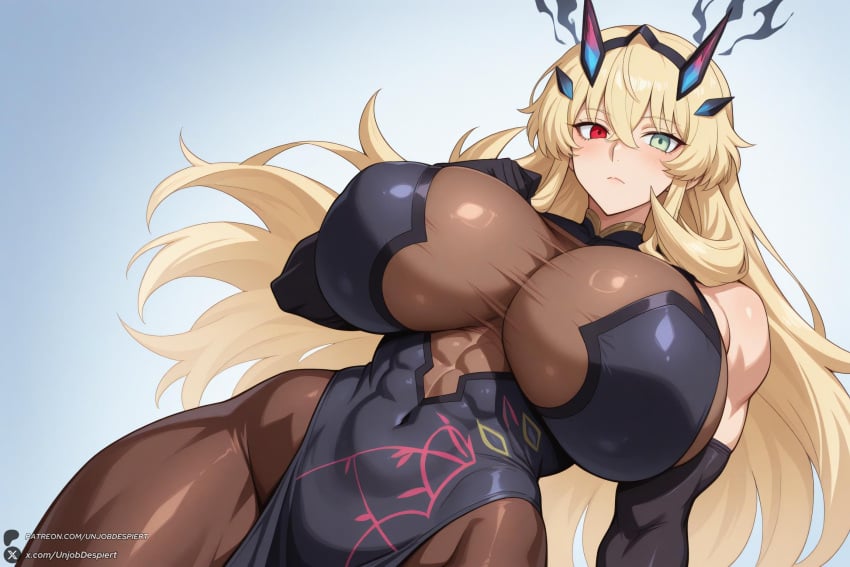 1female 1girl 1girls 2026 abs ai_generated artist_name bangs bare_shoulders barghest_(gawain)_(fate) biceps big_ass big_breasts black_dress black_gloves blonde_hair blush breasts brown_pantyhose covered_navel curvy dress elbow_gloves fairy_knight_gawain_(fate) fate/grand_order gloves green_eyes heterochromia hi_res high_quality high_resolution highres horns huge_ass huge_breasts long_hair looking_at_viewer muscular muscular_female pantyhose patreon patreon_username pelvic_curtain red_eyes solo thighs unjobdespiert watermark