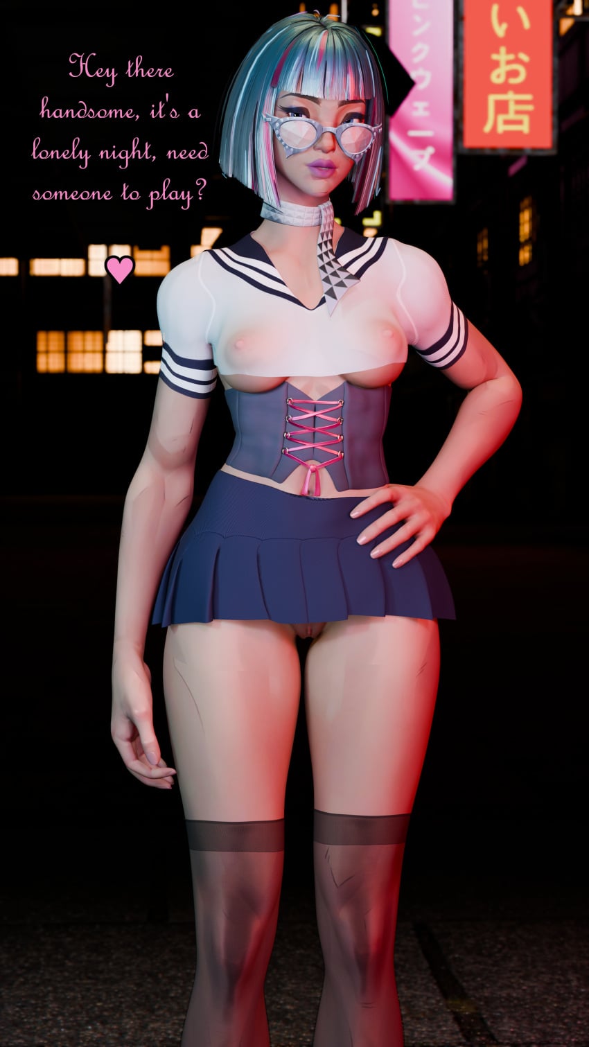 1girls 3d 3d_(artwork) 3d_model absurd_res absurdres barely_clothed black_stockings black_thighhighs blender blender_(software) breasts breasts_visible_through_clothing dustedfountain exposed_pussy eyeliner female female_focus female_only glasses hand_on_hip high_resolution highres hooker legwear lingerie lipstick looking_at_viewer marvel_rivals miniskirt nipples nipples_visible_through_clothing outdoors pov_eye_contact propositioning prostitute prostitution psylocke psylocke_(marvel_rivals) psylocke_(psychedelic_pulse) public pussy pussy_visible revealing_clothes school_uniform schoolgirl schoolgirl_uniform see-through_clothes see-through_clothing sex_worker skimpy skimpy_clothes skirt standing stockings street streetwalker thighhighs two-tone_hair vagina