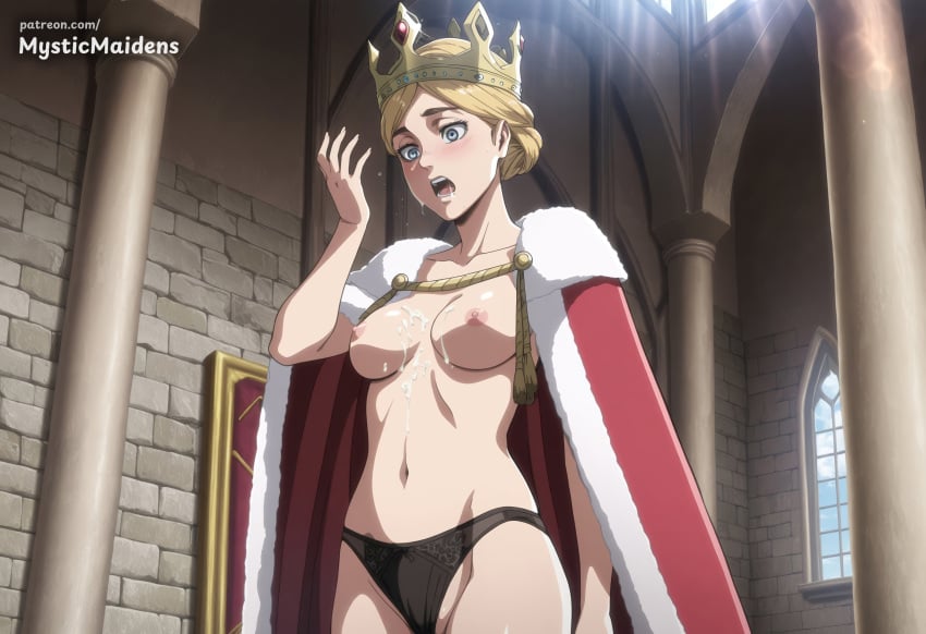 1girl ai_generated anime anime_style artist_name attack_on_titan black_panties blonde_hair blue_eyes blush breasts cape crown cum cum_in_mouth cum_on_body cum_on_breasts fur-trimmed_cape fur_trim hentai hi_res historia_reiss indoors medium_breasts mystic_maidens navel nipples open_mouth panties patreon shingeki_no_kyojin short_hair solo topless underwear window
