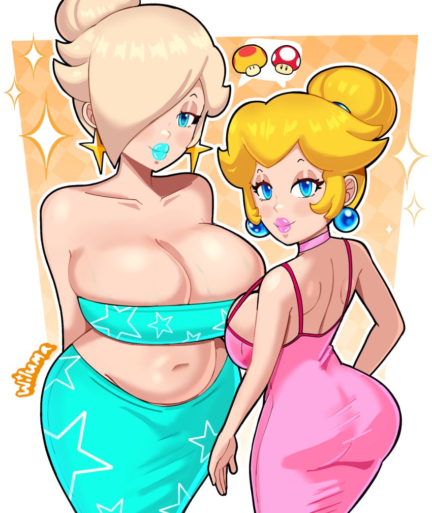 2girls alternate_version_available ass ass_in_dress big_ass big_breasts big_lips bimbo bimbo_lips blonde_hair blue_dress blue_eyes blue_lips blue_lipstick blue_tube_top bottomwear breasts cleavage curvaceous curvy curvy_figure dress ear_piercing earrings female female_only front_view hair_over_one_eye half-closed_eyes hips huge_breasts lips lipstick long_dress long_skirt looking_back mario_(series) mega_mushroom mushroom nintendo parted_lips pink_dress pink_lips pink_lipstick princess_peach princess_rosalina side_view sideboob skirt sparkles speech_bubble star star_earrings thick_lips thighs tied_hair topwear tubetop veiny_breasts wide_hips wiluma