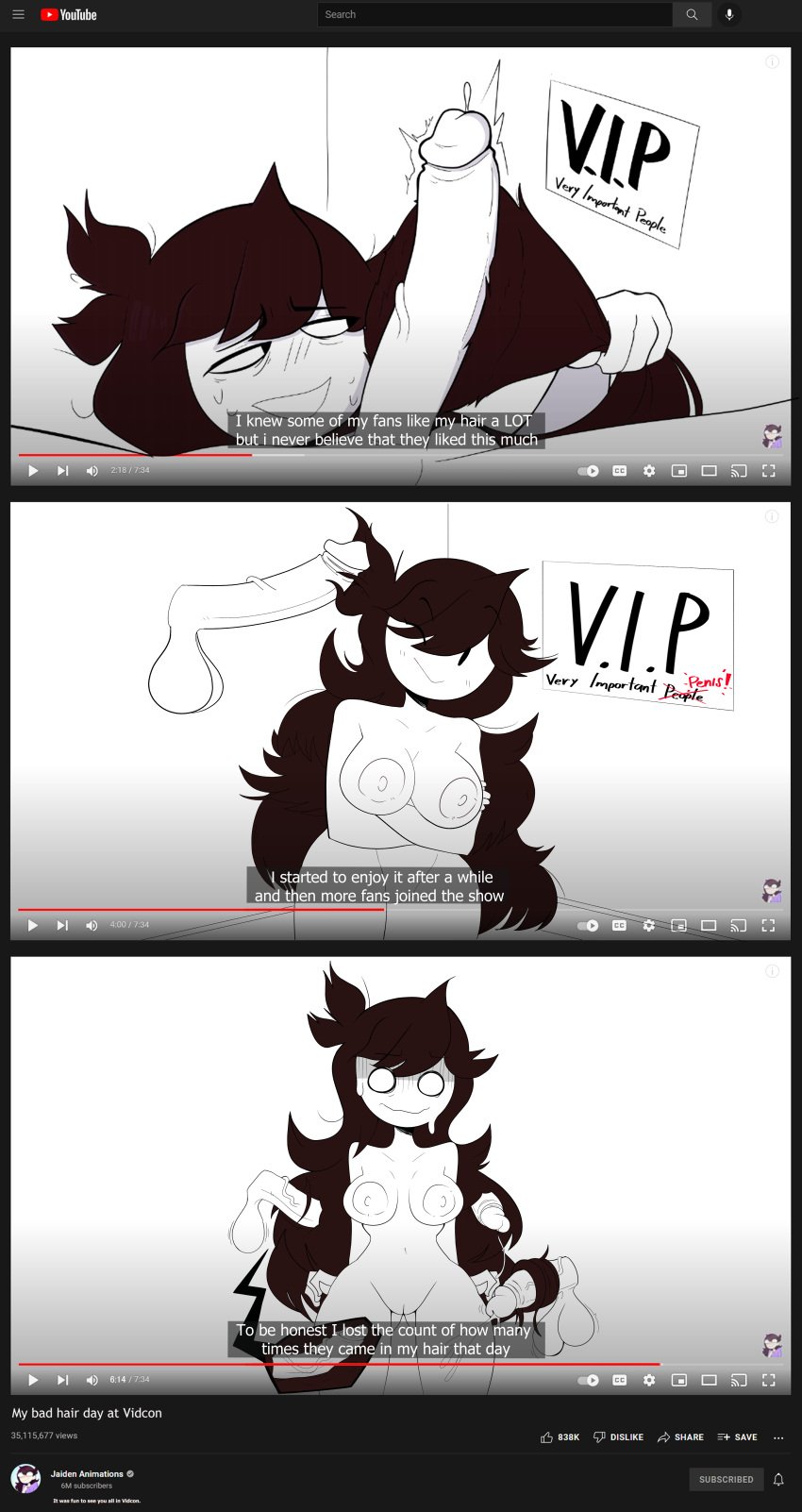 1girls big_penis blush brown_hair cum disembodied_penis female female_focus hair hair_fetish hairjob jaiden jaiden_animations long_hair multiple_penises nude nude_female parody retracted_foreskin subtitled sweat text vaz0v white_skin youtube youtuber