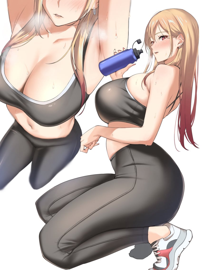 1girls 2022 alternate_costume armpits arms_up blonde_hair blush bottle breasts breath cleavage collarbone ear_piercing earrings fake_nails female female_focus female_only from_above from_side full_body grey_pants grey_sports_bra gyaru head_out_of_frame highres holding holding_bottle ichinose_(ichinose1592) jewelry kitagawa_marin large_breasts long_hair midriff multiple_views navel pants parted_lips piercing pink_hair pink_nails red_eyes shoes simple_background skindentation sneakers solo solo_female sono_bisque_doll_wa_koi_wo_suru sports_bra sportswear stomach straight_hair sweat water_bottle white_background yoga_pants