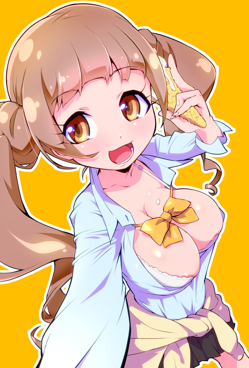 areola_slip areolae bangs black_skirt blue_shirt bow bowtie bra breasts brown_cardigan brown_eyes brown_hair cardigan cardigan_around_waist cleavage clothes_around_waist clothing collarbone collared_shirt dress_shirt eyebrows_visible_through_hair female food gyaru healin'_good_precure highres hiramitsu_hinata ice_cream ice_cream_cone large_breasts long_hair long_sleeves looking_at_viewer open_mouth outline pleated_skirt precure pretty_cure reaching_out revision ryuuta_(cure_ryuuta) school_uniform selfie shirt simple_background skirt smile soft_serve solo twintails unbuttoned unbuttoned_shirt underwear white_bra white_outline yellow_background yellow_bow yellow_bowtie