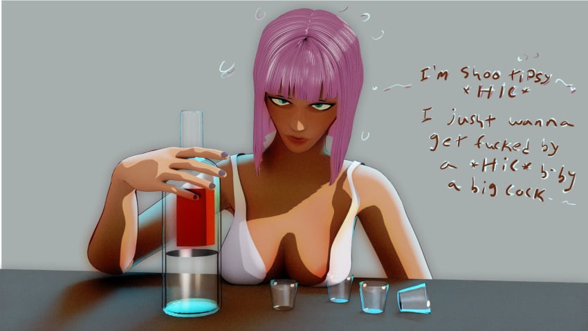 1girls alcohol blue_eyes drunk drunk_bubble drunk_bubbles front_view hiccuping holding_bottle horny_female intoxicated nipple_slip pink_hair poking_out shots solo_female tipsy vodka wasted