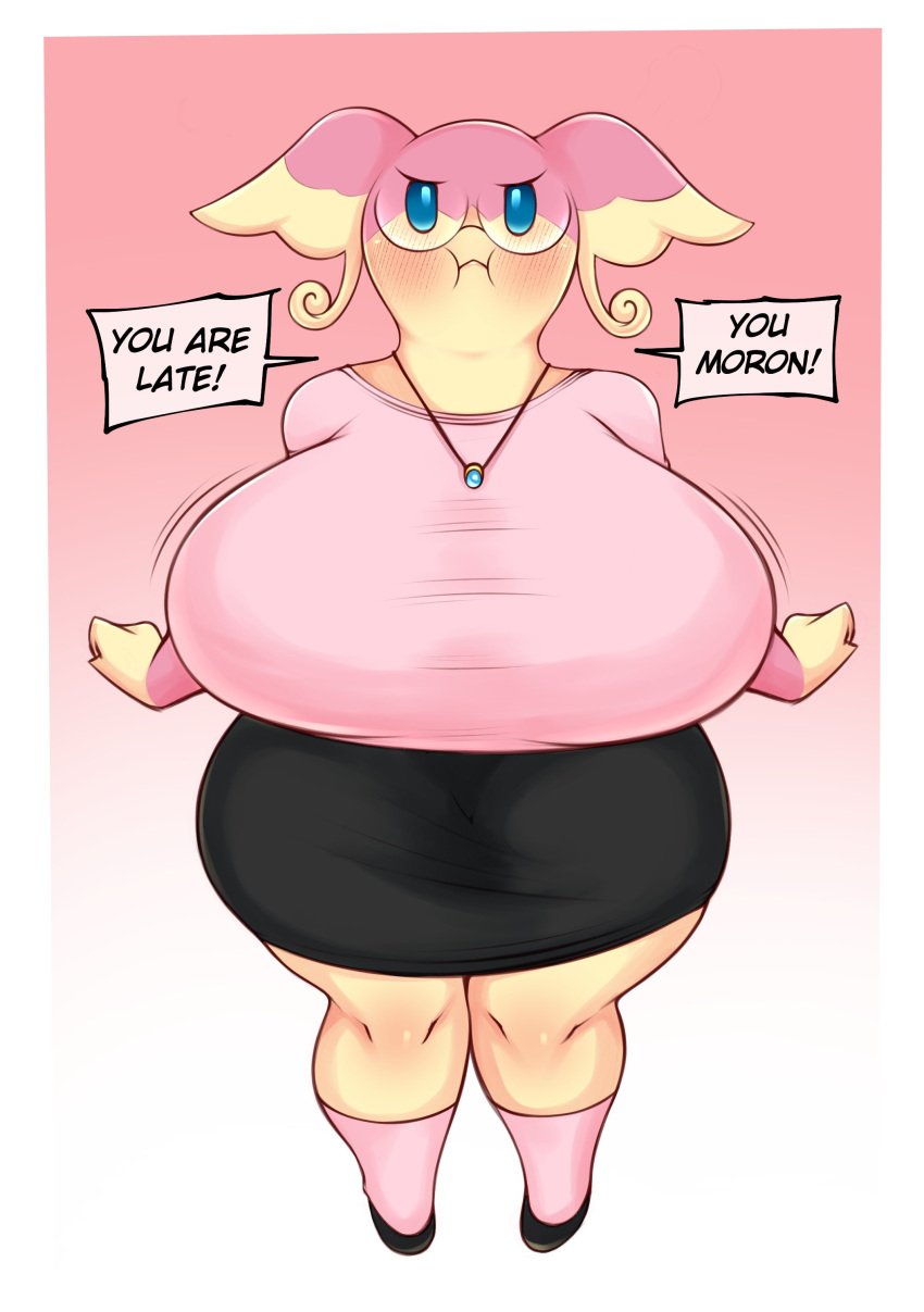 angry anthro audino big_ears black_skirt blue_eyes blush border clothing curvy english_text eyebrows female_pokemon frown glasses high_heels huge_breasts insult light_skin looking_at_viewer necklace pink_shirt pink_skin pokémon_(species) pokemon pov puffed_cheeks puffy_face saltyxodium simple_background skirt socks speech_bubble sweater text thick tight_clothing upset wiggle_lines