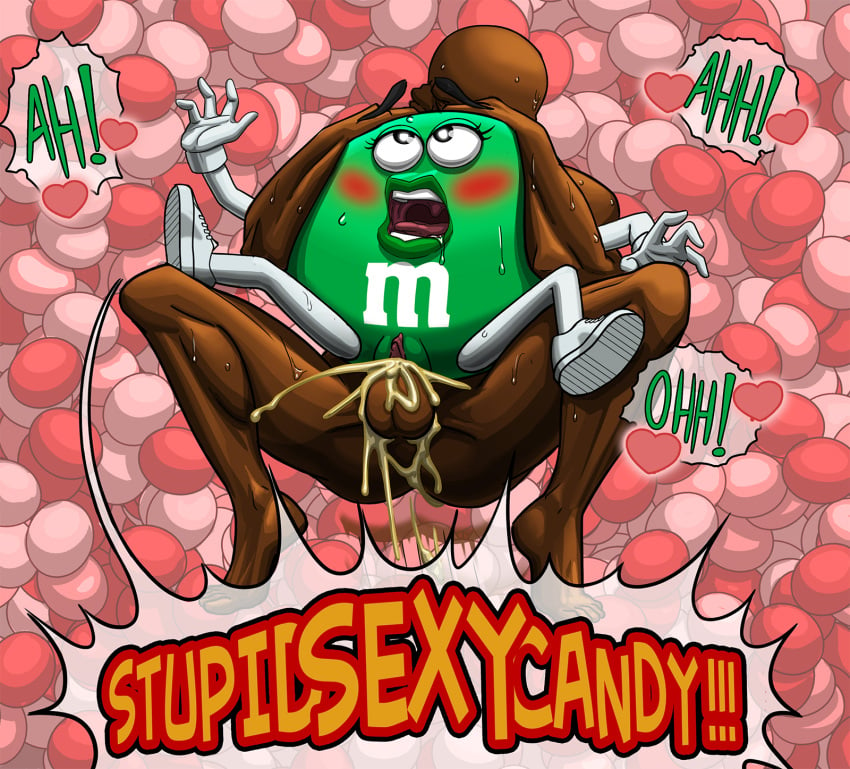 bald balls balls_deep blush brown_skin candy cum cum_explosion cum_in_pussy cum_inside dark-skinned_male dialogue e-ward flail flailing green_body green_skin headlock heart m&m's ms._green size_difference sneakers sweat sweatdrop sweating text vagina vaginal_insertion vaginal_penetration vaginal_sex waddling_head