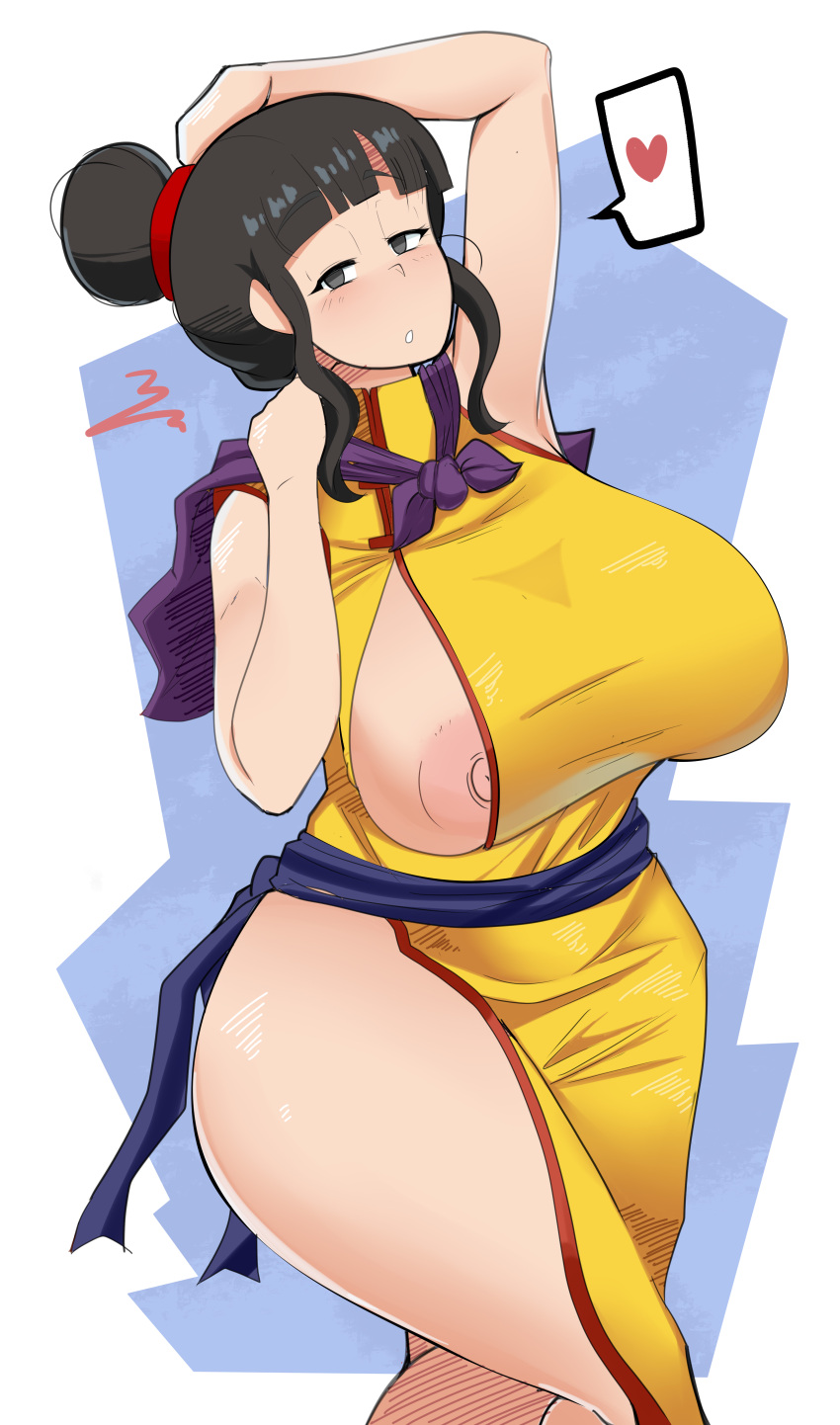 1girls ass big_ass big_breasts big_butt big_nipples black_eyes black_hair breasts chichi clothed clothing comicomryu dragon_ball dragon_ball_z exposed_breasts exposed_nipples female female_only hand_on_head hand_on_neck heart high_resolution light-skinned_female light_skin looking_at_viewer mature mature_female mature_woman milf nipples patreon patreon_reward questionable shounen_jump solo solo_female thick_ass thick_thighs thigh_up thighs very_high_resolution white_background yellow_clothing