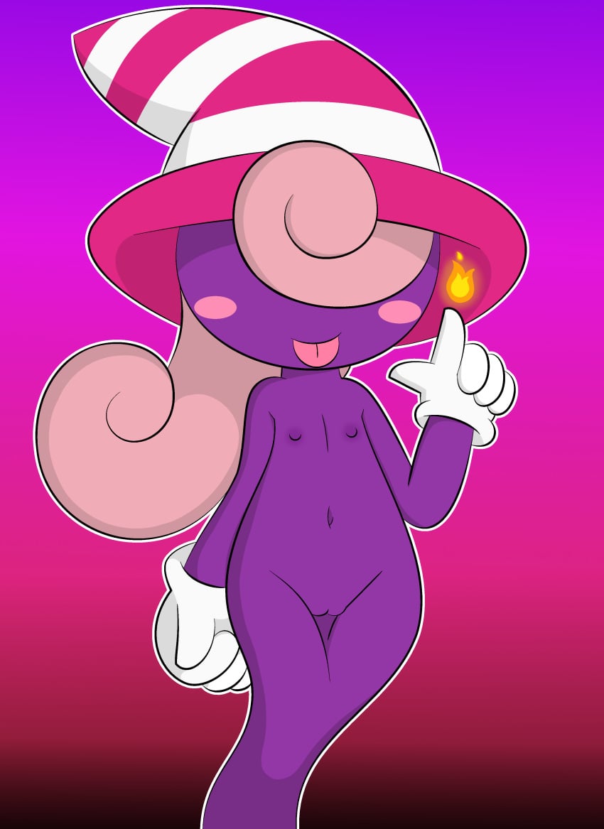 anthro blush blush_stickers dreameclipsewolf female female_focus female_only flame flat_chest gloves hair_over_eyes hat mario_(series) nintendo nipples paper_mario pink_hair purple_skin pussy smile solo striped_hat tongue tongue_out vivian_(paper_mario) white_gloves witch_hat