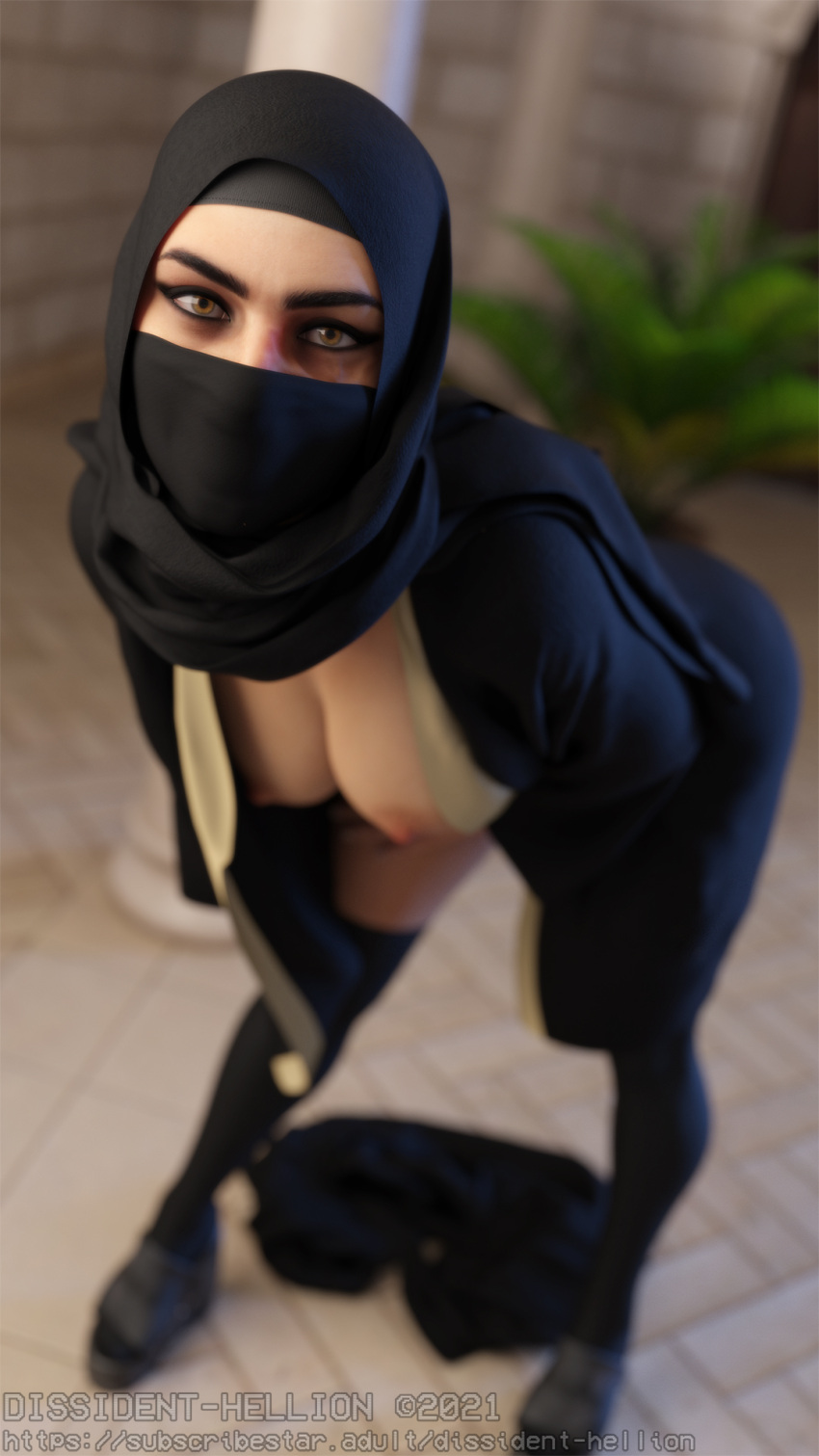 1futa 3d areolae aysun_(dissidenthellion) bent_over breasts brown_eyes burn_scar clothed clothing depth_of_field dickgirl dissidenthellion erect_nipples futa_only futanari hijab intersex large_breasts light-skinned_futanari looking_at_viewer nipples original original_character pinup scar scar_on_face slushe_(website) solo solo_futa standing tan-skinned_futanari topless