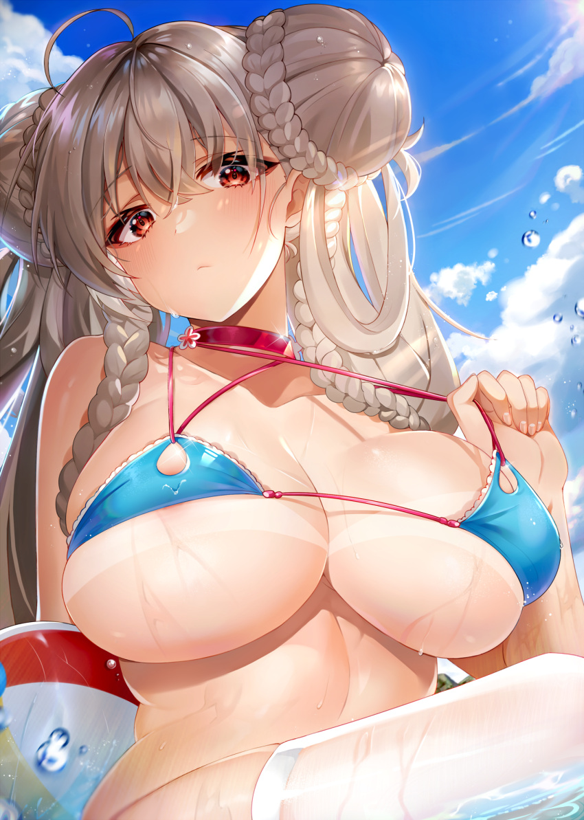 ahoge areola_slip areolae azur_lane bangs bikini bikini_tug blue_bikini blush braid braided_bun breasts choker cleavage double_bun eyebrows_visible_through_hair female formidable_(azur_lane) formidable_(the_lady_of_the_beach)_(azur_lane) highres huge_breasts long_hair looking_at_viewer official_alternate_costume outdoors red_eyes revision single_thighhigh solo swimsuit tan tanlines thighhighs very_long_hair wet