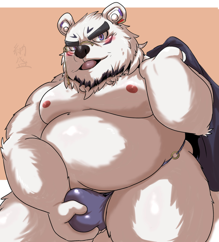 2022 anthro belly black_nose blush borealis_(live-a-hero) bulge fur hi_res humanoid_hands kemono lifewonders live-a-hero male mammal moobs nipples overweight overweight_male polar_bear solo ursid ursine video_games white_body white_fur yamatoji201