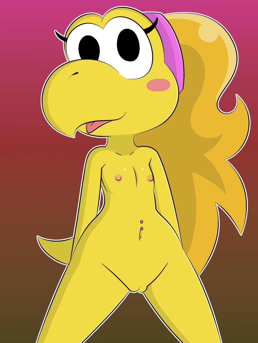 absurd_res anthro bottomless clothed clothing dreameclipsewolf female flat_chested genitals gradient_background hair hi_res koopa koopie_koo looking_at_viewer mario_(series) navel navel_piercing nintendo nude open_mouth paper_mario piercing ponytail pussy scalie simple_background solo straight_hair tongue tongue_out topwear topwear_only video_games