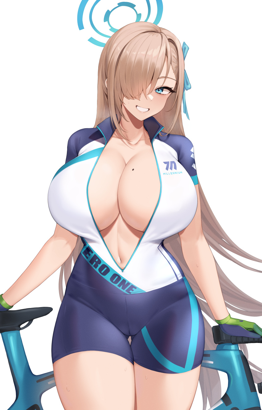 1girls absurd_res asuna_(blue_archive) bicycle blonde_hair blue_archive blue_eyes breasts female hair_over_one_eye halo hi_res hips huge_breasts jumpsuit kuavera light-skinned_female light_skin long_hair millennium_science_school_logo_(blue_archive) millennium_science_school_student mole_on_breast naughty_face shiroko_(cycling)_(blue_archive)_(cosplay) smile sportswear thick_thighs thighs very_high_resolution wide_hips