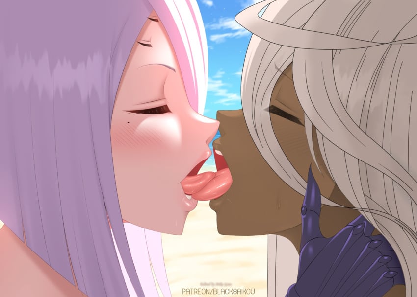 2girls beach blacksaikou closed_eye closed_eyes dark-skinned_female dark_skin doppel_(monster_musume) higher_resolution_available monster_girl monster_musume_no_iru_nichijou multiple_girls outdoors rachnera_arachnera spider_girl tagme tongue white_hair yuri