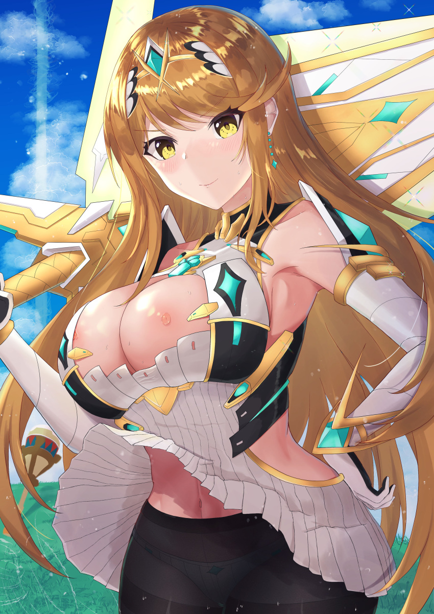 absurdres areolae black_legwear blonde_hair breasts cleavage cleavage_cutout clothing_cutout dress earrings female highres jewelry large_breasts leggings long_hair miniskirt mythra mythra_(massive_melee)_(xenoblade) nipples nude pantyhose shiratamaaji short_dress skirt super_smash_bros. tiara very_long_hair white_dress white_skirt xenoblade_(series) xenoblade_chronicles_2 yellow_eyes