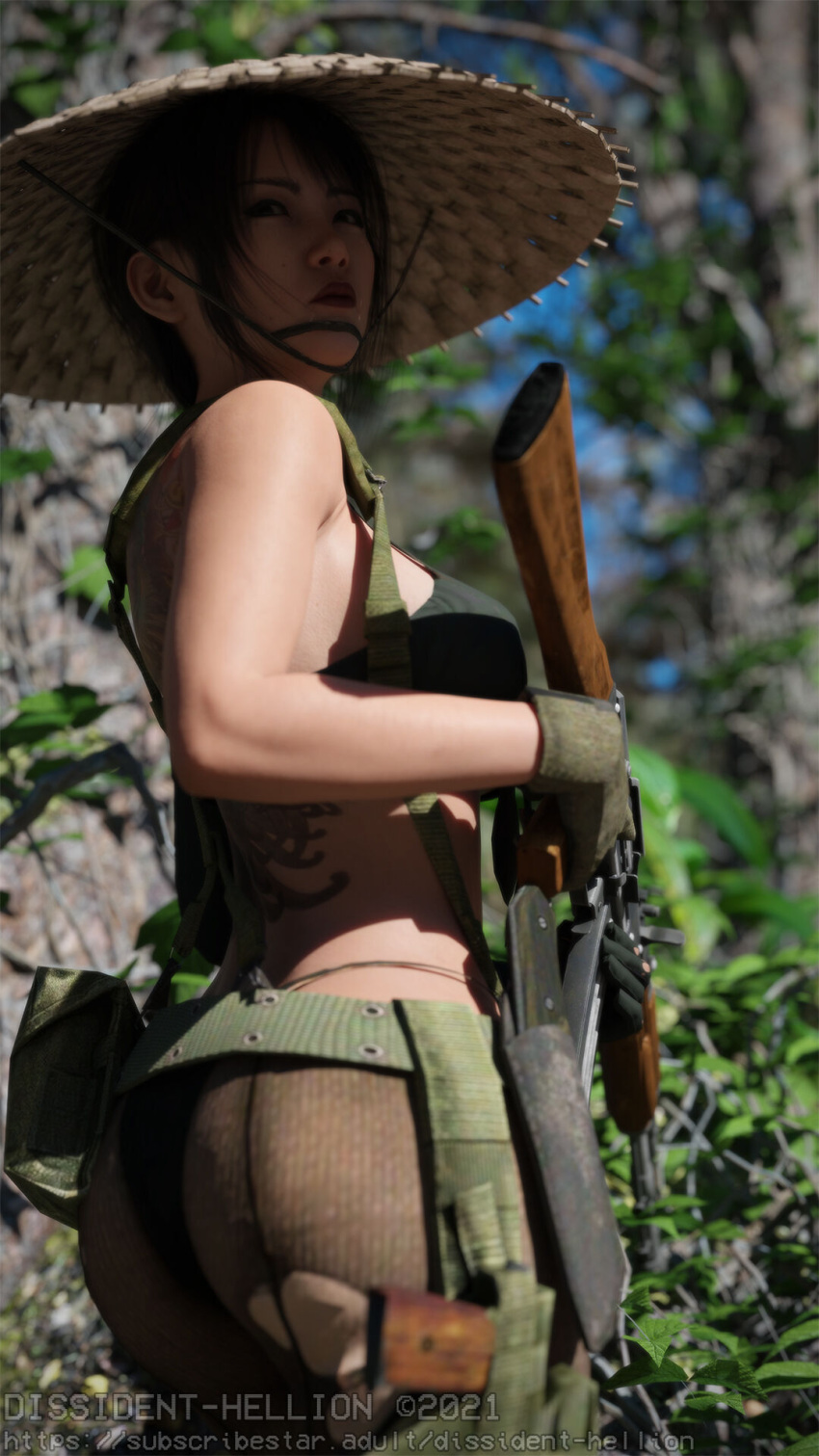 1girls 3d black_hair cosplay depth_of_field dissidenthellion female female_only gun holding_gun holding_object holding_rifle holding_weapon large_breasts original original_character outdoor outdoors pinup ponytail quiet_(metal_gear)_(cosplay) rifle ruki_(dissidenthellion) slushe_(website) solo standing weapon