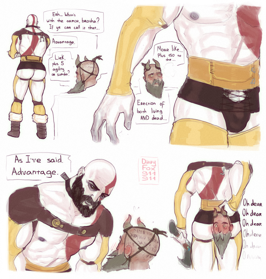 armor bald bara beard body_hair comic crossdressing gay god_of_war kratos leather male male_only manly_crossdresser mimir_(god_of_war) miserdirt muscular_male pubic_hair self_upload tattoo thick_ass thick_thighs white_skin