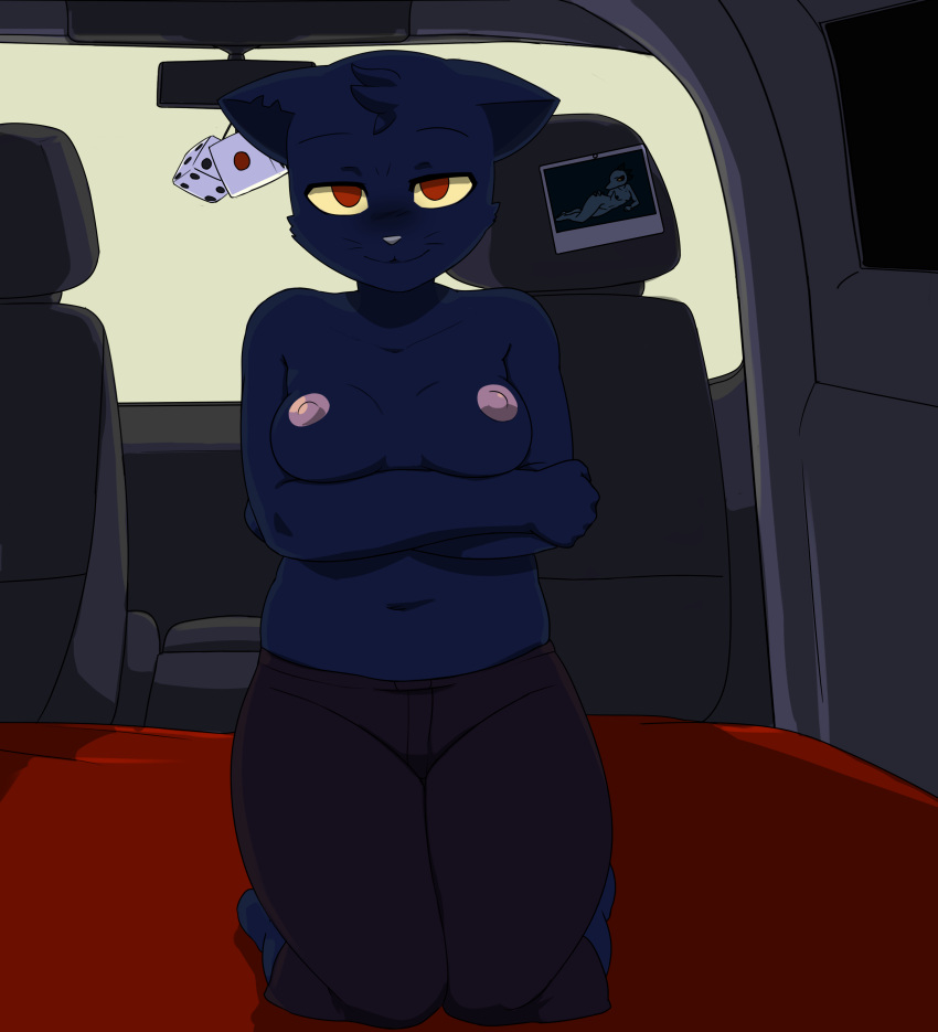 2019 absurd_res arms_crossed_under_breasts bea_santello bottomwear breasts clothed clothing crossed_arms domestic_cat felid feline felis female hi_res kneeling looking_at_viewer mae_borowski mammal medium_truck mimicp night_in_the_woods nipples pants red_eyes smile solo topless topwear truck_(vehicle) van vehicle video_games