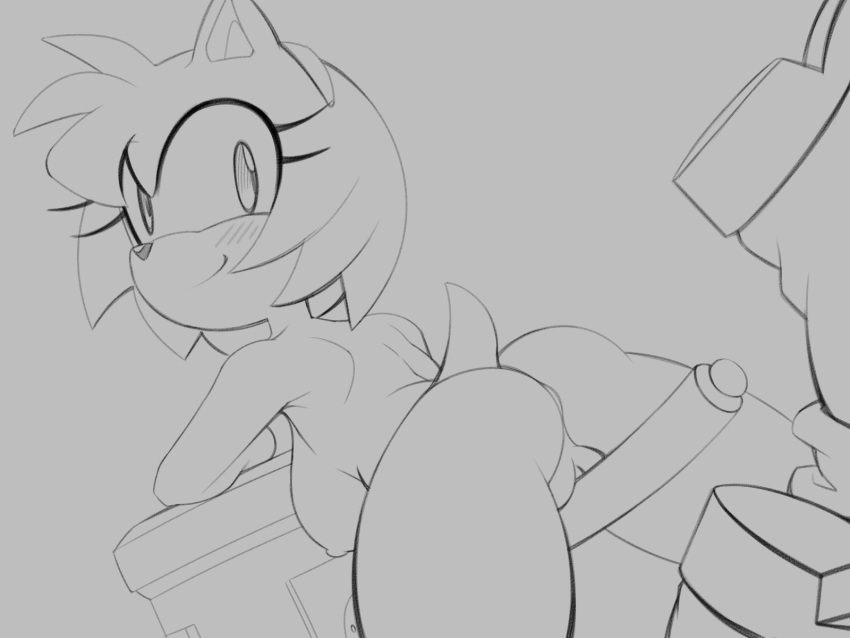 2022 4:3 amy_rose ass blush boots breasts clothing eulipotyphlan eyelashes female footwear genitals grey_background hammer head_turned hedgehog hi_res looking_at_viewer mammal monochrome pussy rear_view sega side_boob simple_background sketch smile solo sonic_(series) sonic_the_hedgehog_(series) spassticus tools