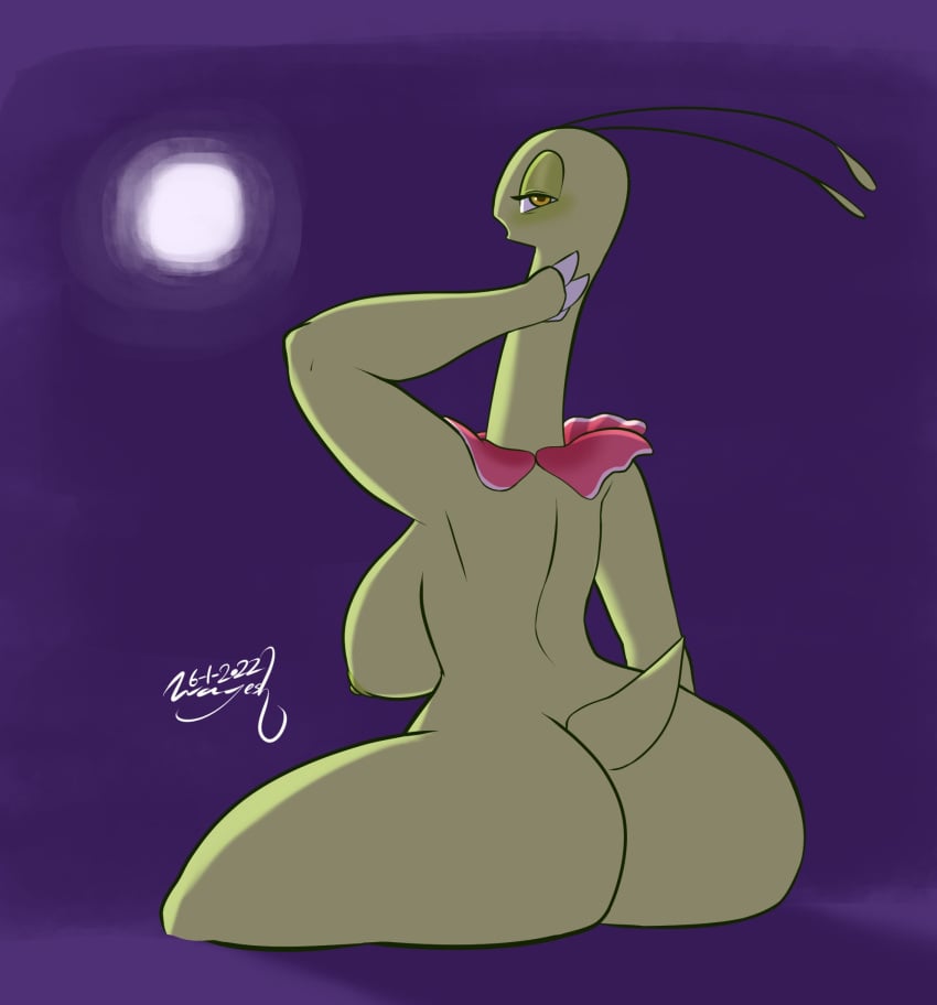 2022 anthro areola big_breasts blush breasts dated female flower green_areola green_nipples hi_res long_neck meganium moon night nintendo nipples plant pokémon_(species) pokemon rear_view signature sitting solo video_games wayesh yellow_eyes