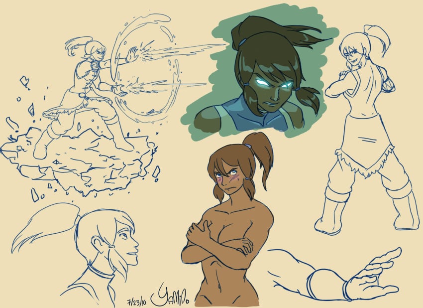 1girls 2010 avatar_legends avatar_state blush brown_hair clothing covering_breasts dark-skinned_female dark_skin embarrassed female female_only human korra large_breasts nickelodeon ponytail sketch straight_hair the_avatar the_legend_of_korra water_tribe yamino