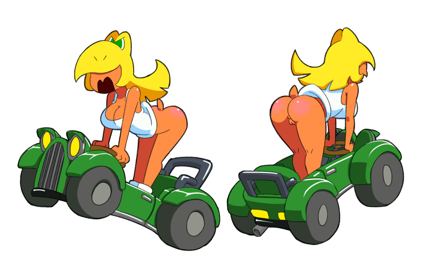 1girls angry anus ass back_view blonde_hair bottomless breasts car cleavage digital_media_(artwork) driving eyebrows eyebrows_visible_through_hair female female_focus female_only from_behind front_view hair hair_over_eyes highres humanized koopa koopa_girl mario_(series) medium_breasts minus8 nintendo no_panties open_mouth pussy solo solo_focus super_mario_maker super_mario_maker_2 tail tank_top transparent_background vagina white_shirt