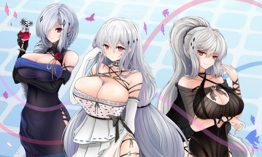 3girls a411238753 absurdres alternate_costume arknights arm_under_breasts bare_shoulders black_dress black_gloves blue_dress breasts cleavage closed_mouth cup detached_collar dress drinking_glass earrings elbow_gloves formal gladiia_(arknights) gloves hair_ornament hand_up highres holding holding_cup jewelry large_breasts multiple_girls off-shoulder_dress off_shoulder pointy_ears ponytail red_eyes silver_hair skadi_(arknights) skadi_the_corrupting_heart_(arknights) smile specter_(arknights) thigh_strap white_dress white_gloves wine_glass