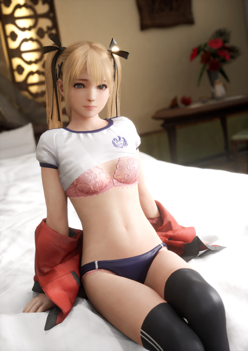 3d 4k bed bedroom blonde_hair bloomers blue_eyes bra breasts buruma dead_or_alive female female_only gym_uniform hair_ornament hair_ribbon hairclip jacket juicyneko koei_tecmo light-skinned_female light_skin long_hair marie_rose pale-skinned_female pale_skin school_uniform sitting sitting_on_bed small_breasts solo solo_female sportswear stockings team_ninja tecmo thighhighs twintails yellow_hair