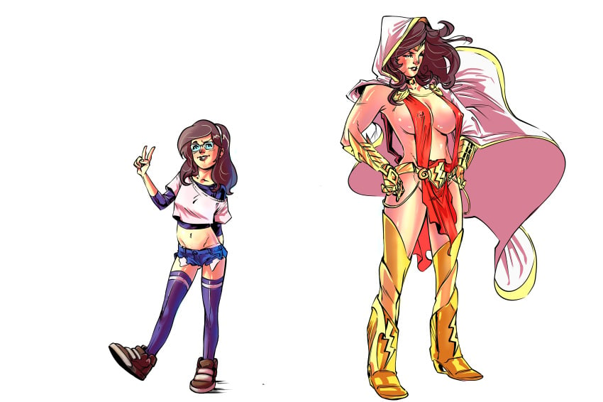 armor armored_boots armored_gloves ashmount bayushi bayushix cape commission crowd dc dc_comics female gauntlets glasses headband kneehigh_boots kneehigh_socks mary_batson mary_bromfield mary_marvel neck_brace original_concept original_design peace_sign redesign shoes t-shirt