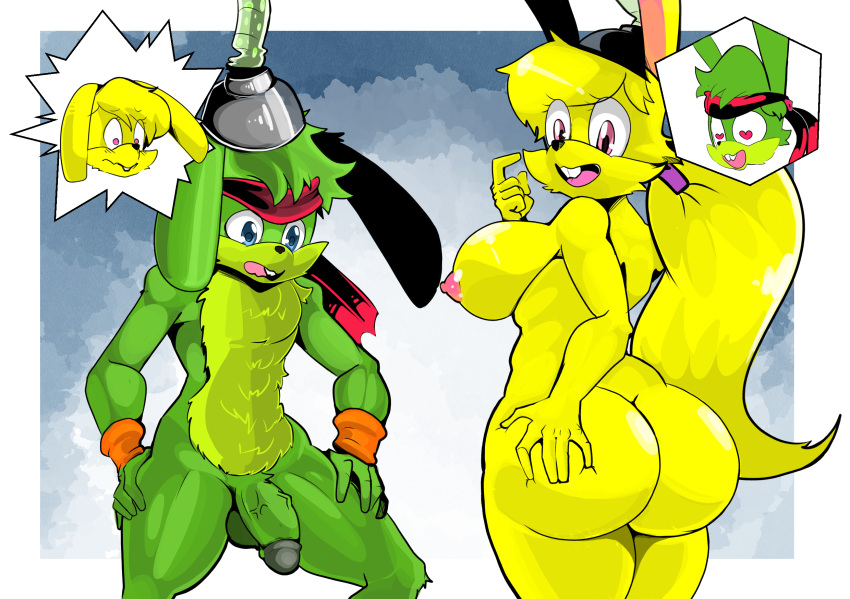 body_swap furry grabbing_own_ass green_fur headband jazz_jackrabbit jazz_jackrabbit_(series) large_ass lori_jackrabbit machine nipple onat onatart penis ponytail rabbit rabbit_girl rabbit_humanoid tsf yellow_fur