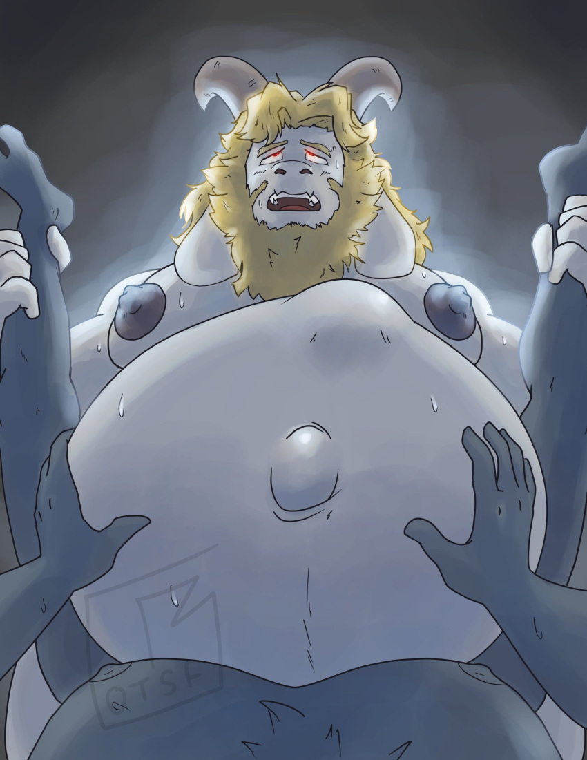 ambiguous_gender ambiguous_pov anthro asgore_dreemurr baby_bump big_nipples boss_monster bovid caprine first_person_view glowing glowing_eyes goat hi_res horn legs_up male male/ambiguous male_only mammal moobs navel nipples outie_navel penetration petting_belly pregnant pregnant_male randomgirl1265 undertale undertale_(series) video_games