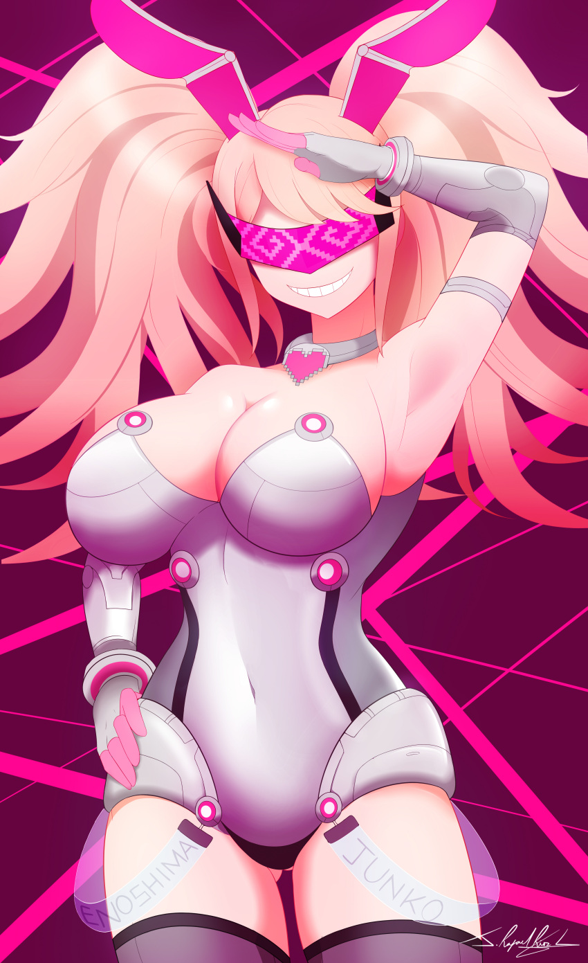 1girls breasts bunny_ears bunnysuit cleavage commission danganronpa danganronpa:_trigger_happy_havoc fake_animal_ears female female_focus female_only hypnosis hypnotic_visor junko_enoshima large_breasts mind_control neolink077 pink-tinted_eyewear salute smile solo straight_hair tinted_eyewear twintails visor