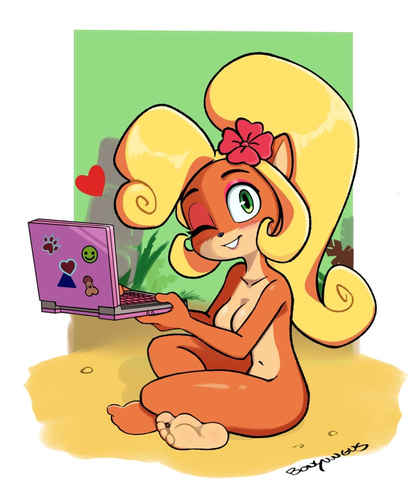 1girls anthro barefoot bonyungus casual coco_bandicoot crash_(series) electronics feet nude small_breasts