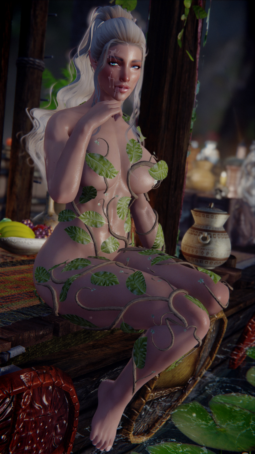 3d 3d_(artwork) big_breasts blonde_hair blue_eyes breasts cum cum_on_breasts cum_on_face elf elf_ears female fruit fruit_bowl large_breasts pointy_ears seirne skyrim the_elder_scrolls