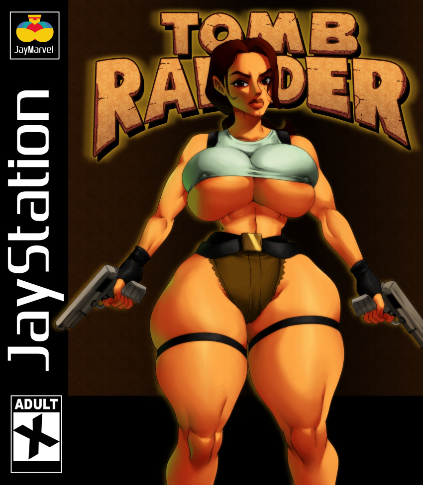 1girls 2022 areola_slip belt big_breasts big_lips breasts brown_eyes brown_hair cleavage curvaceous curvy curvy_figure erect_nipples erect_nipples_under_clothes fake_cover female female_only fingerless_gloves firearm gun handgun huge_breasts human hyper_bimbo jay-marvel lara_croft lara_croft_(classic) light-skinned_female light_skin looking_at_viewer muscular muscular_female nipple_bulge parody ponytail revealing_clothes solo standing thick_thighs thigh_strap thin_waist tight_clothing tomb_raider underboob voluptuous weapon wide_hips