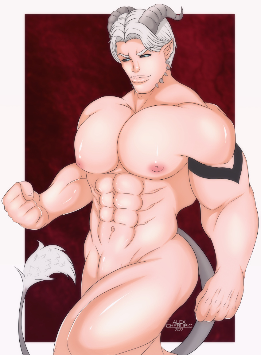 abs alexcherubic blue_eyes demon demon_boy demon_horns demon_tail horn male male_only muscles muscular muscular_male nipple_holes original original_character pecs tail white_hair