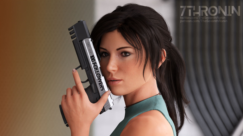 1girls 3d brown_eyes brown_hair close_up clothing female female_only female_protagonist firearm gun handgun lara_croft lara_croft_(survivor) light-skinned_female light_skin long_hair posing solo theseventhronin tomb_raider trigger_discipline weapon