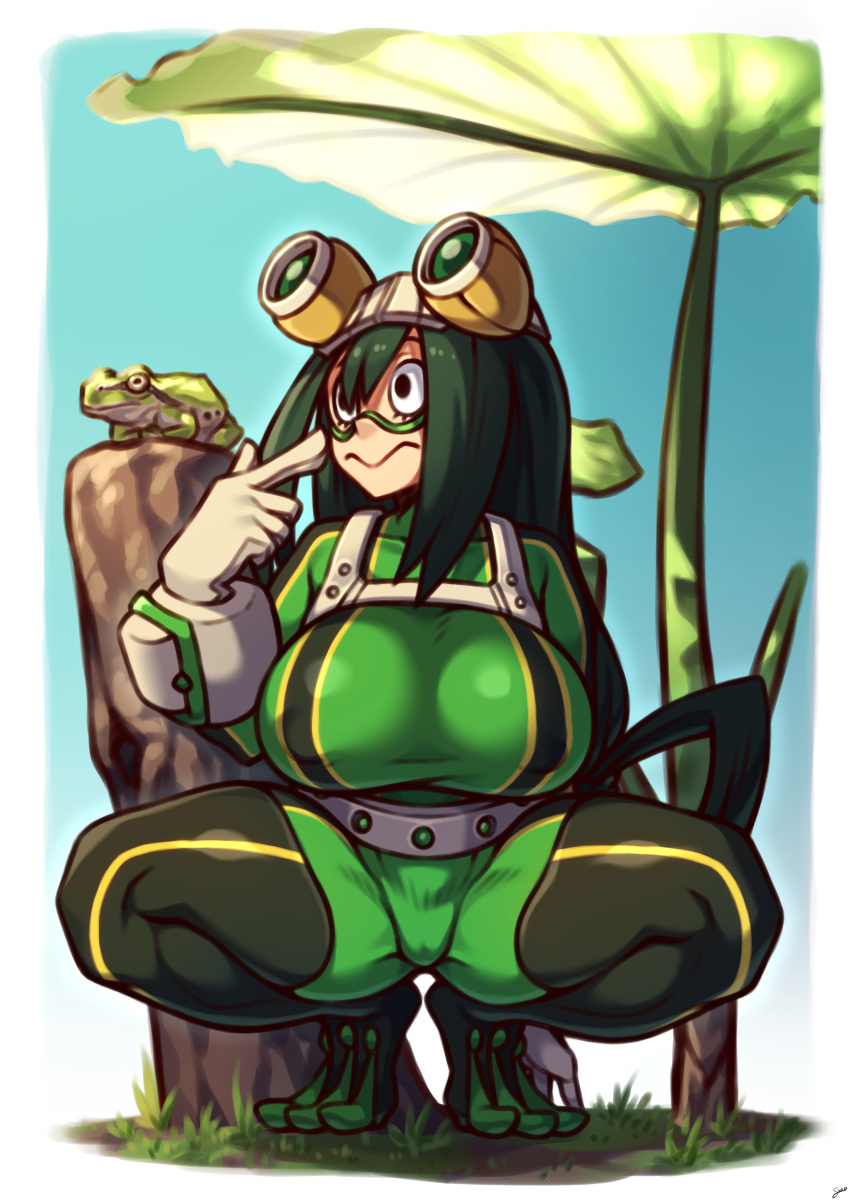 1girls big_breasts bodysuit breasts coffeelove68 frog full_body goggles goggles_on_forehead green_hair hero_outfit_(mha) long_hair my_hero_academia solo solo_female spread_legs squatting tree_stump tsuyu_asui