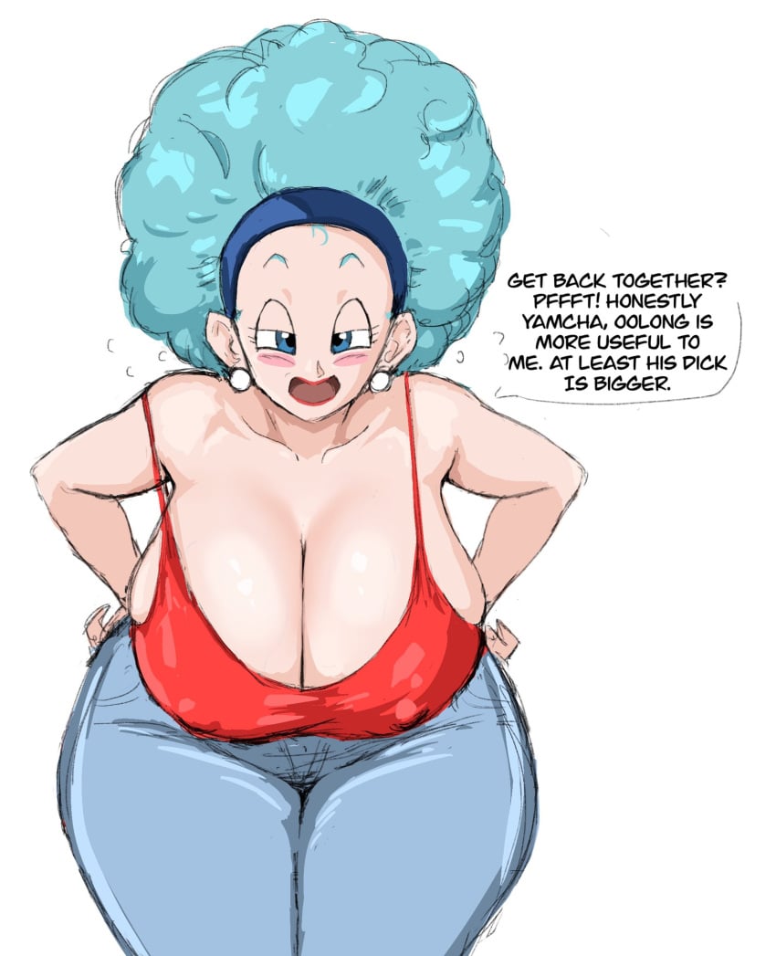 afro big_ass big_breasts blue_hair boobs breasts bulma_(afro) bulma_briefs dragon_ball huge_breasts humiliation rejection small_penis_humiliation solo solo_female text text_bubble tits zetomeso